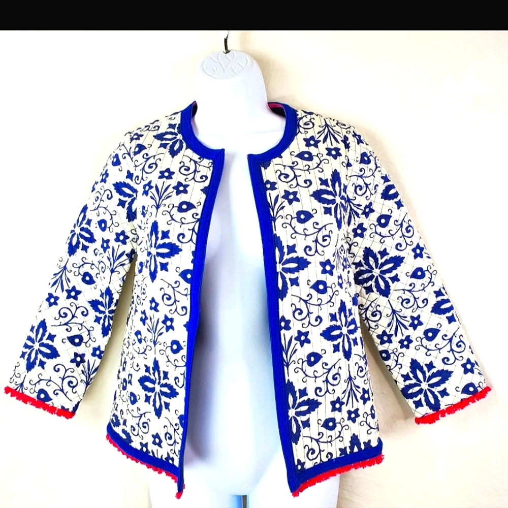 Quilted fringe Boden Ariana jacket. Blue and pink, size 6